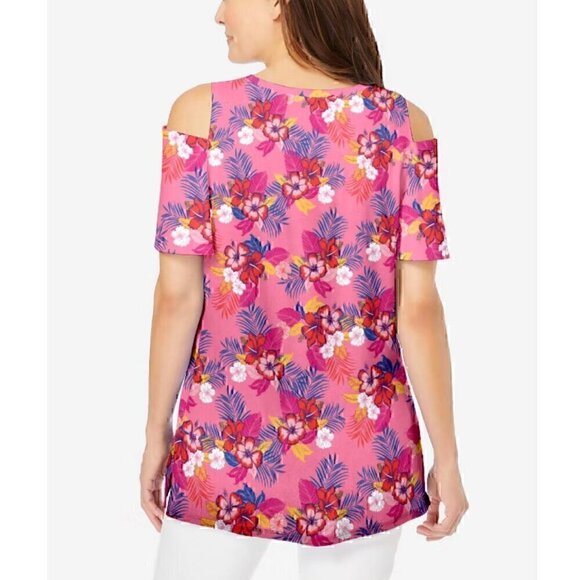 WOMAN WITHIN Plus Size Short Sleeve Cold Shoulder Tee Pink Hawaiian Floral 18 20 - Picture 4 of 15